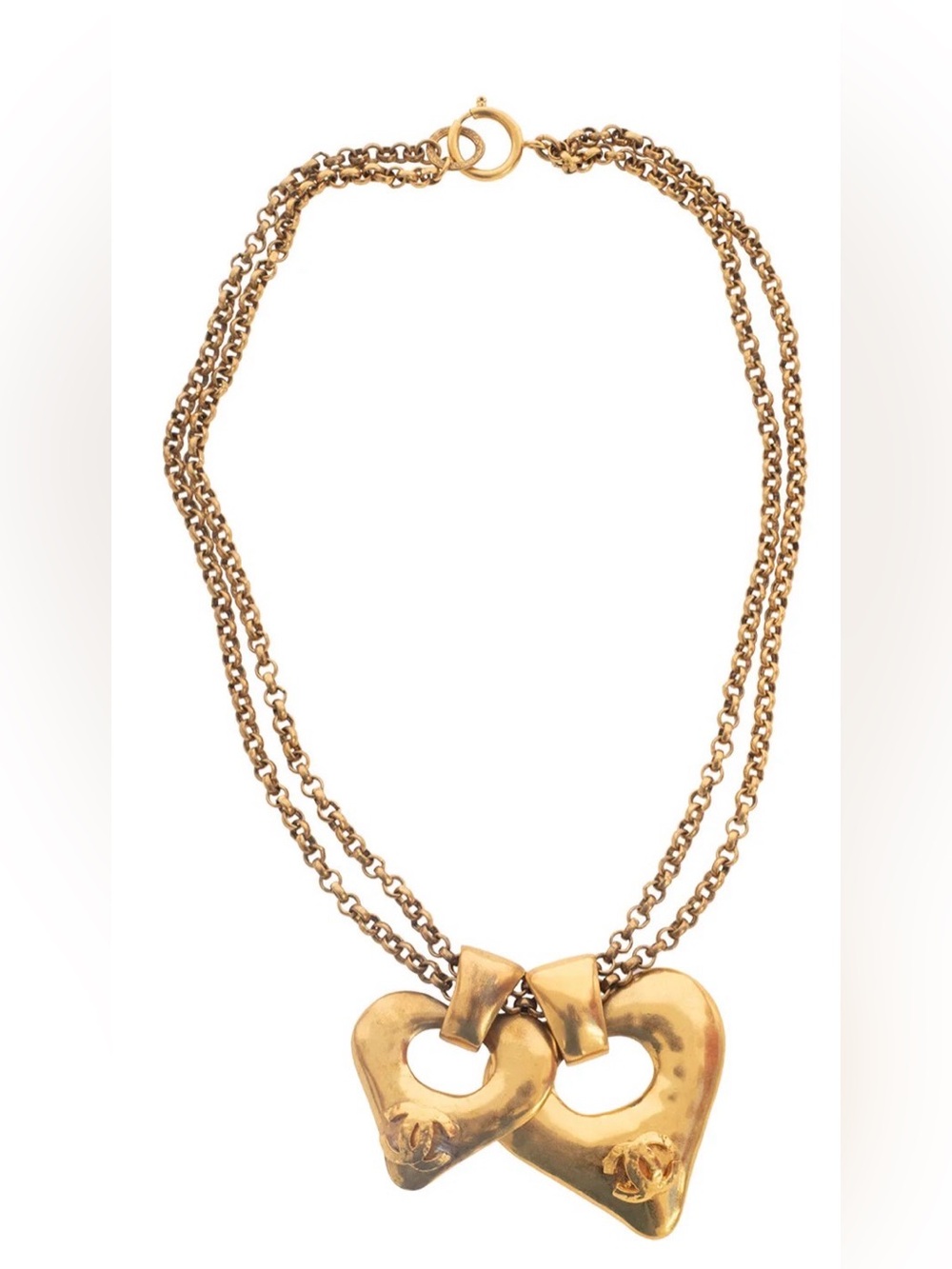 Chanel Vintage Signed Double Heart, Double Chain Pendant Necklace 1993